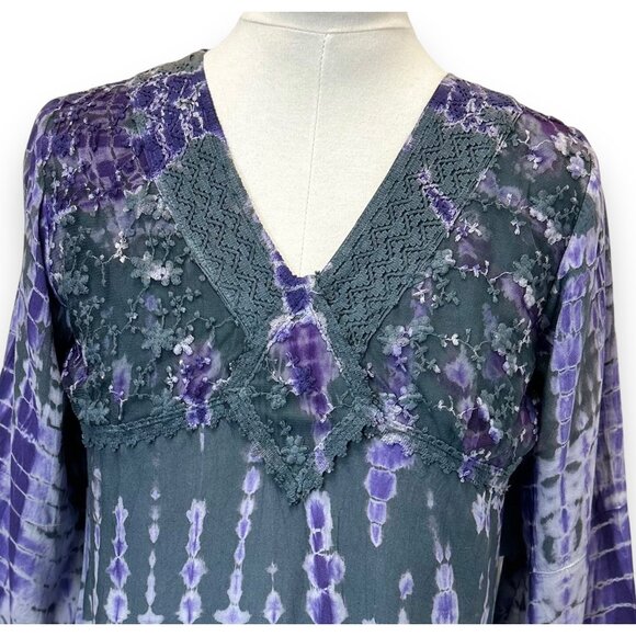 Studio West Women’s PL Tie-Dye V-Neck Top With Lace Detail Grey/Plum Boho Chic - Picture 3 of 11